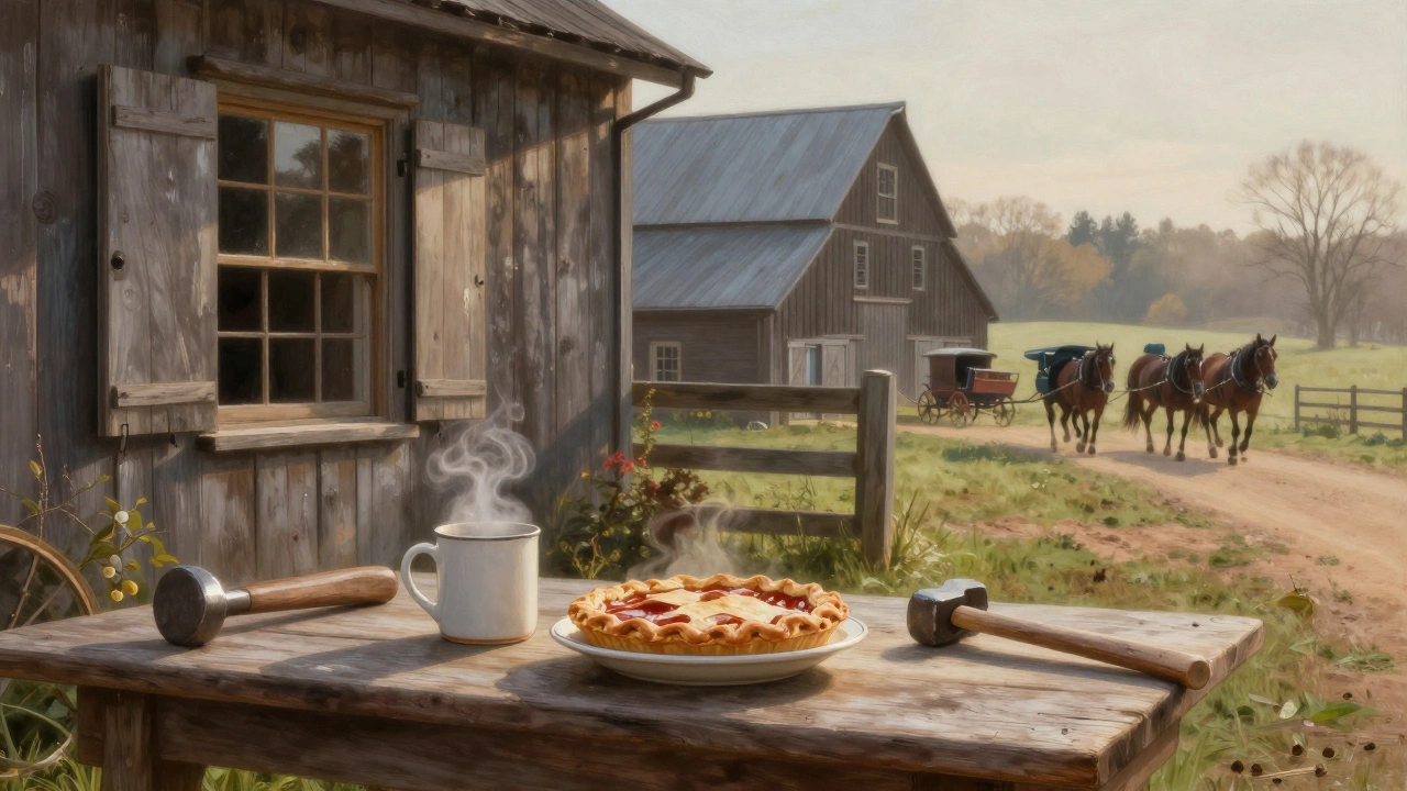 A rustic barn B&amp;B in Lancaster County with homemade pie and a blacksmith in the background at dawn.