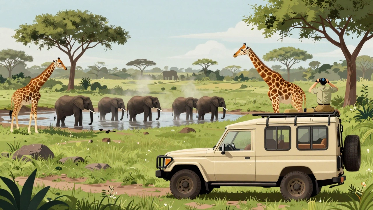A safari jeep at a watering hole with elephants and giraffes in lush green surroundings during low season.