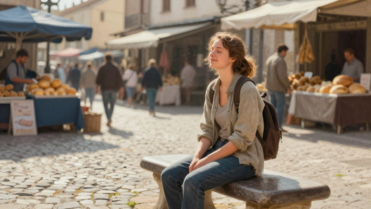 A solitary traveler sitting peacefully in a foreign town square, eyes closed, surrounded by soft blurred market scenes.
