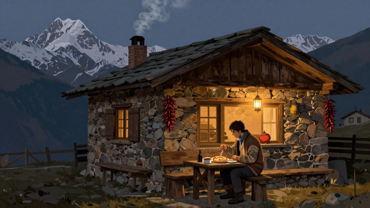A stone guesthouse in Georgia’s mountains at dusk, traveler eating khachapuri with snow peaks behind.