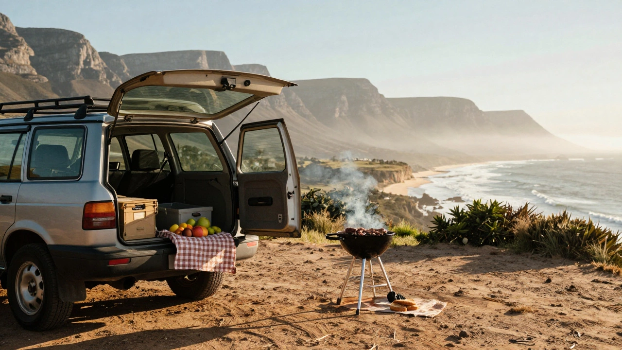 Budget road trip in South Africa: car parked at scenic overlook with braai and fresh food nearby.