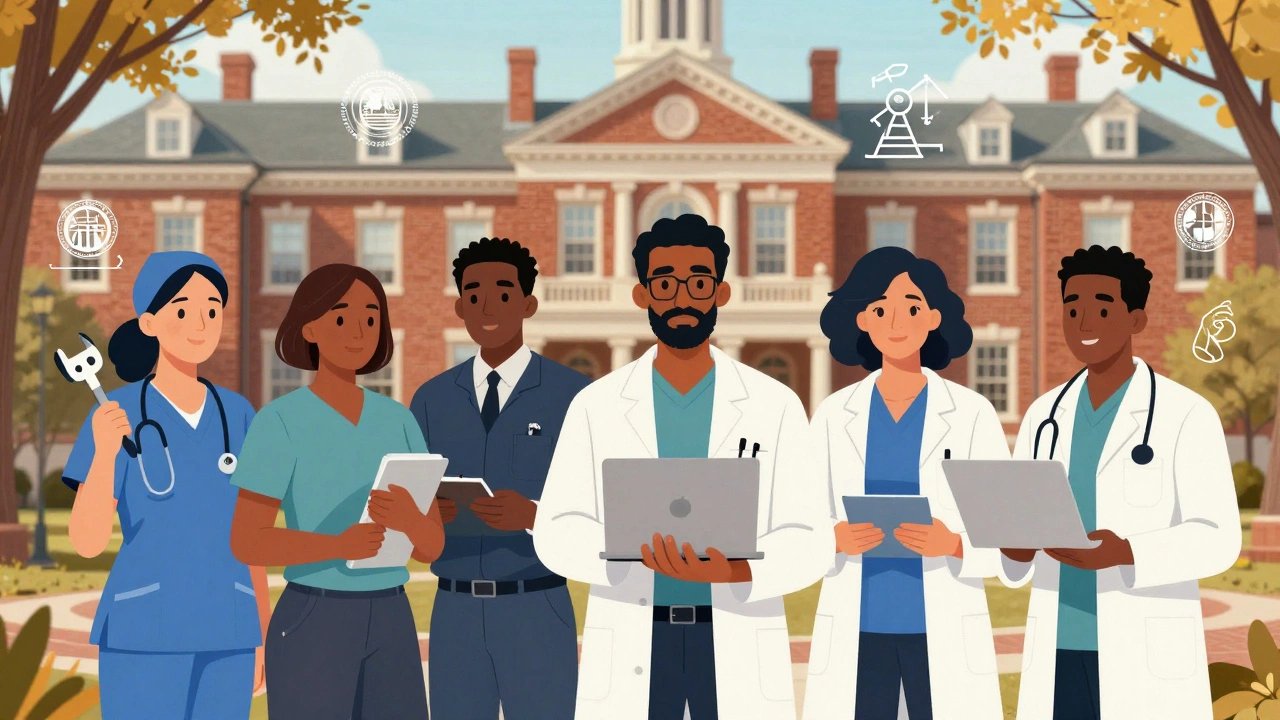 Diverse Maryland workers standing outside Johns Hopkins University, representing skilled professions.