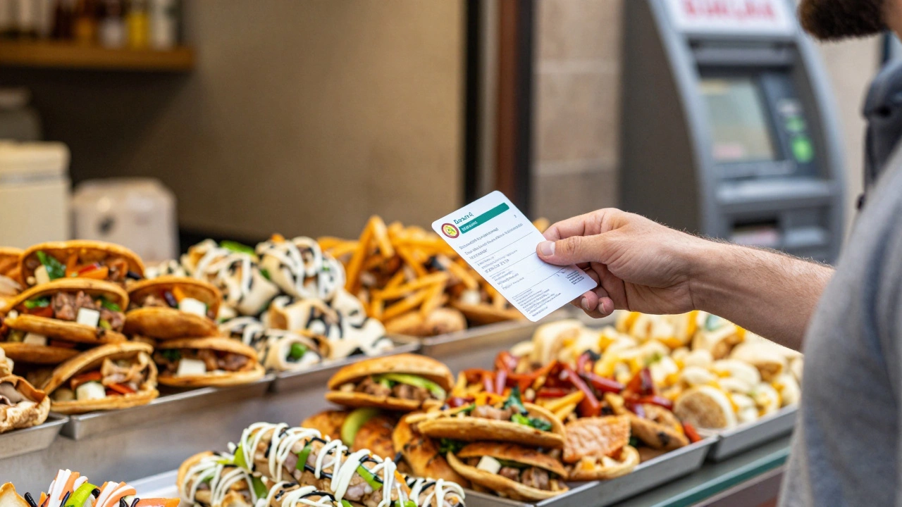 Traveler purchasing street food and using public transport pass in Barcelona's Gracia neighborhood.