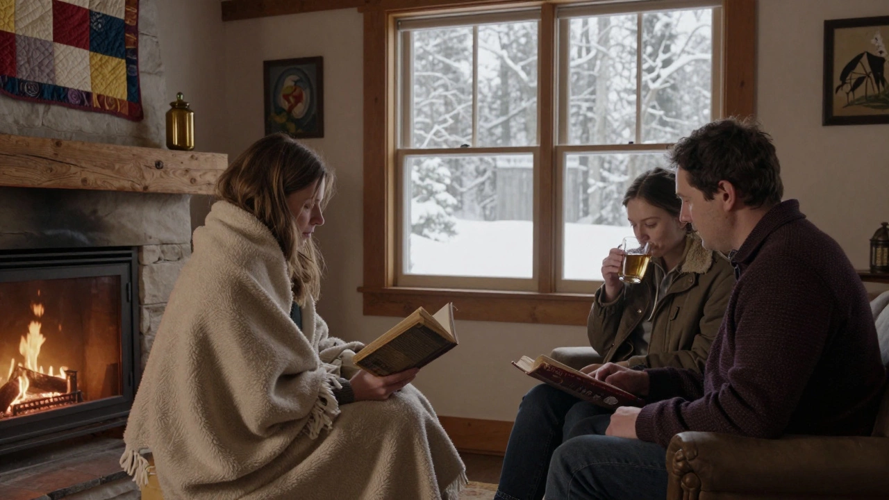 Two people curled up by a fireplace in a rustic inn, one reading aloud while the other sips cider.