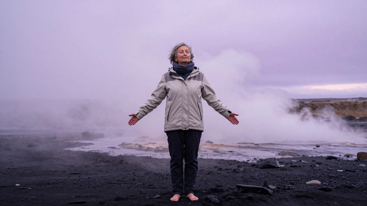 A 73-year-old woman standing peacefully on an Icelandic black sand beach with geothermal steam rising behind her.