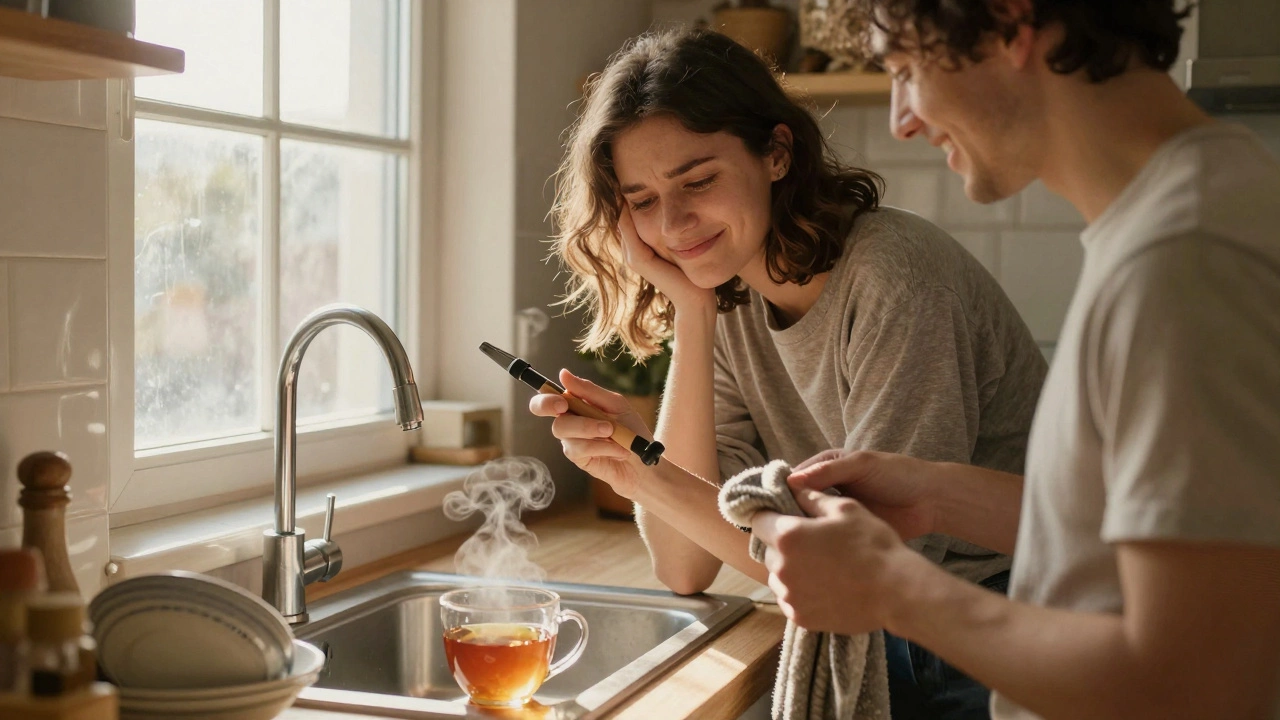 A couple in a kitchen, one holding a tool, the other laughing with a worn sock, dawn light streaming in.