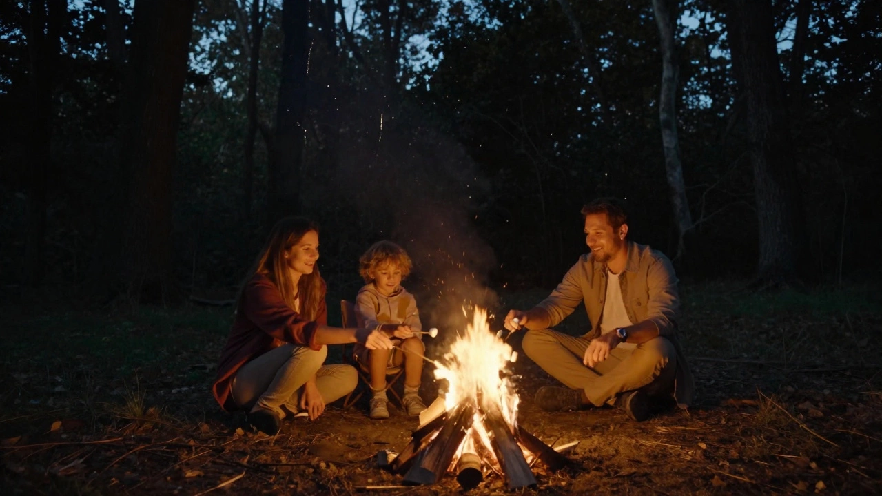 A family gathered around a campfire at twilight, smiling and roasting marshmallows, no screens, under a starry sky.