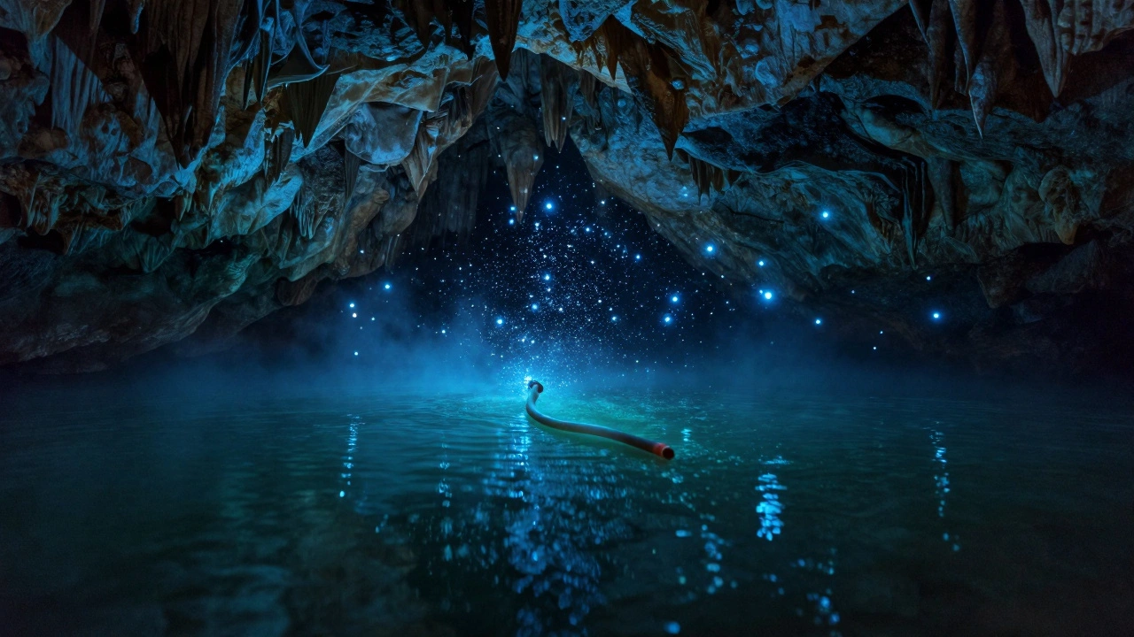 A floating tube in a dark cave illuminated by thousands of glowing blue glowworms, like a living galaxy.