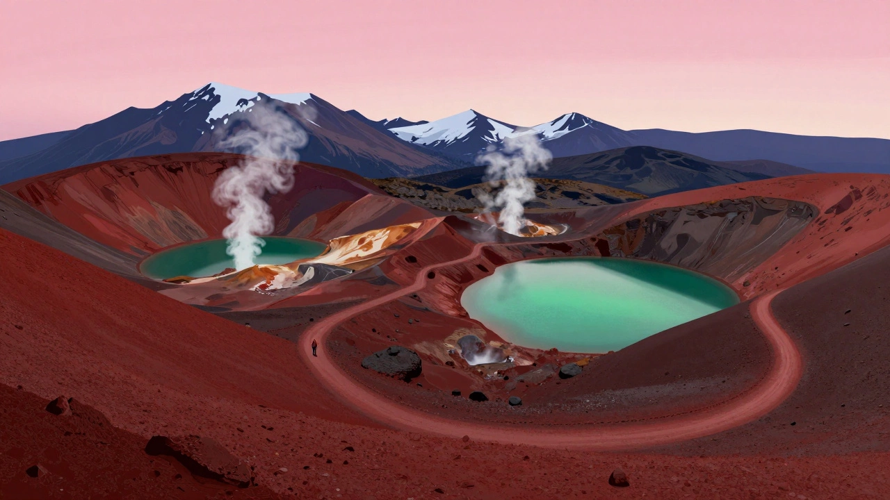 A hiker walking along a volcanic trail with red craters and emerald lakes under a sunrise sky in New Zealand.