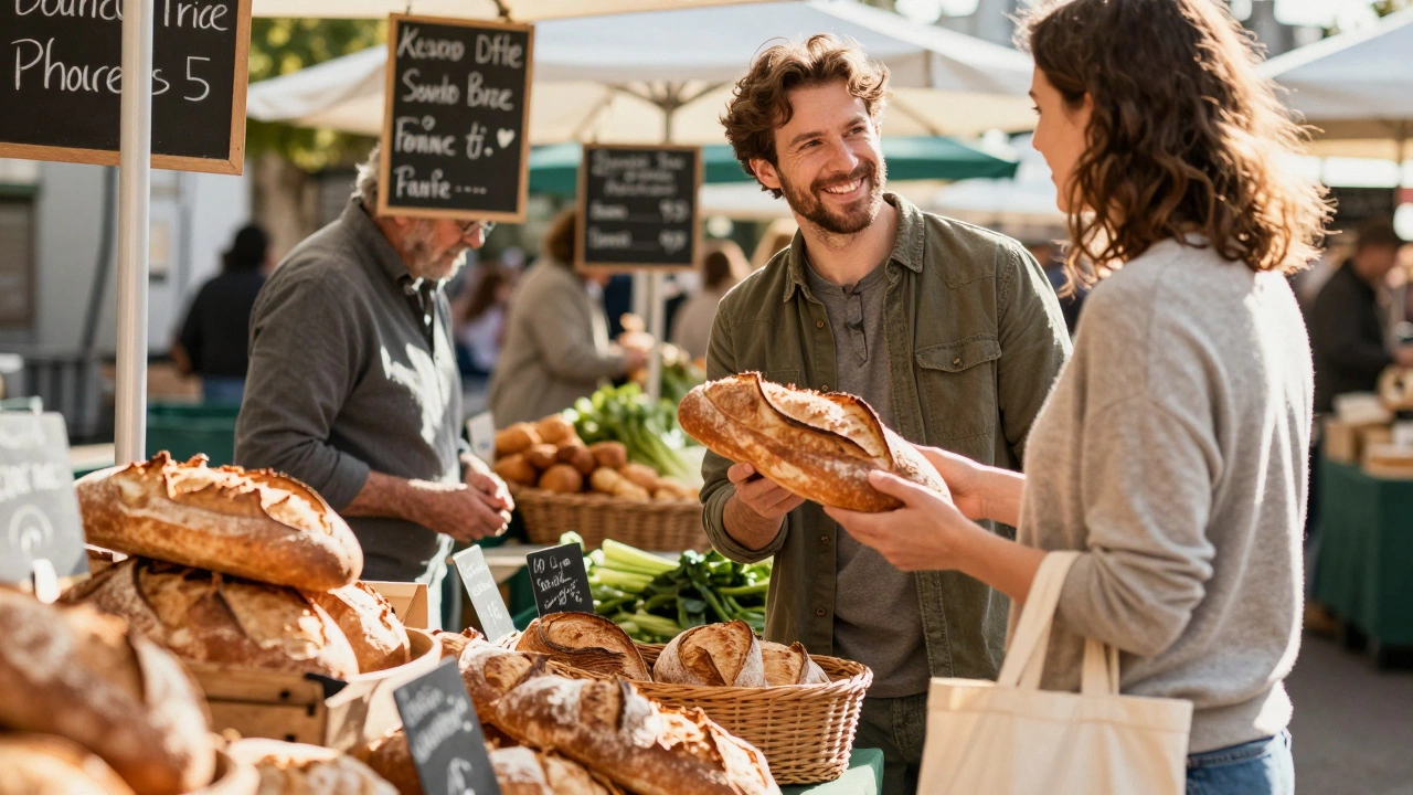 A man and woman smiling at each other at a farmers' market, holding bread.