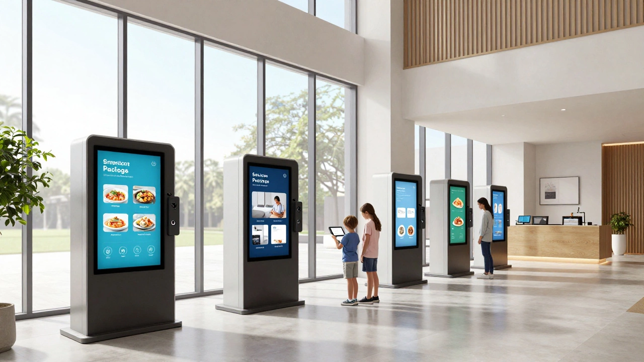 A modern U.S. resort lobby with guests customizing their stay using digital kiosks for flexible add-ons.