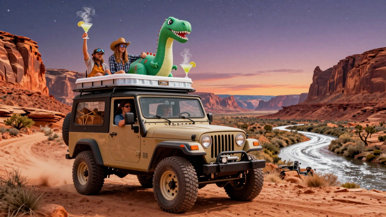 A quirky Jeep with a hot tub and inflatable dinosaurs cruising through Moab’s desert landscape at twilight.