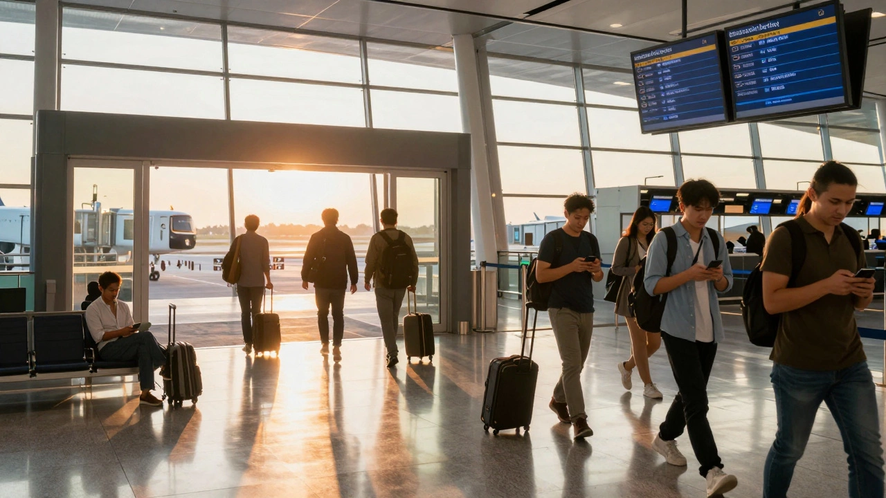 Airport terminal with relaxed and rushed travelers near gates during sunset