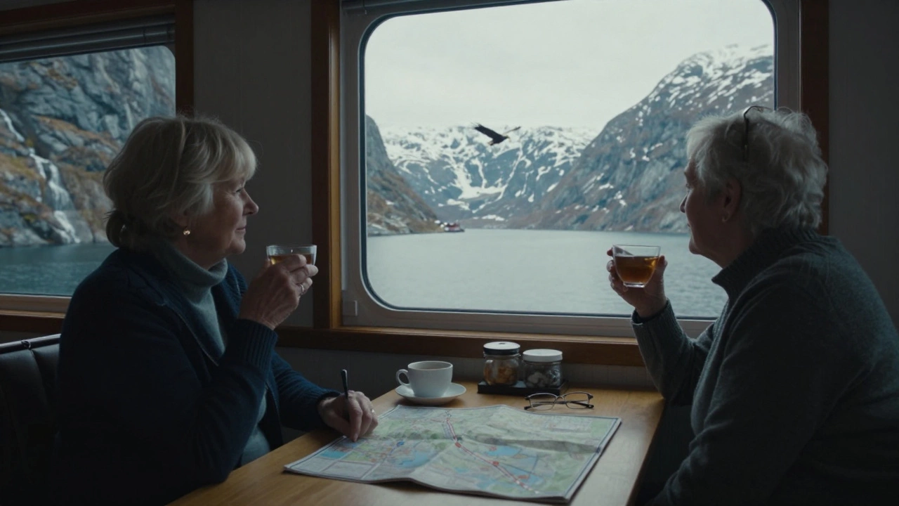 An elderly couple enjoying tea by a window as a small ship cruises through Norwegian fjords.