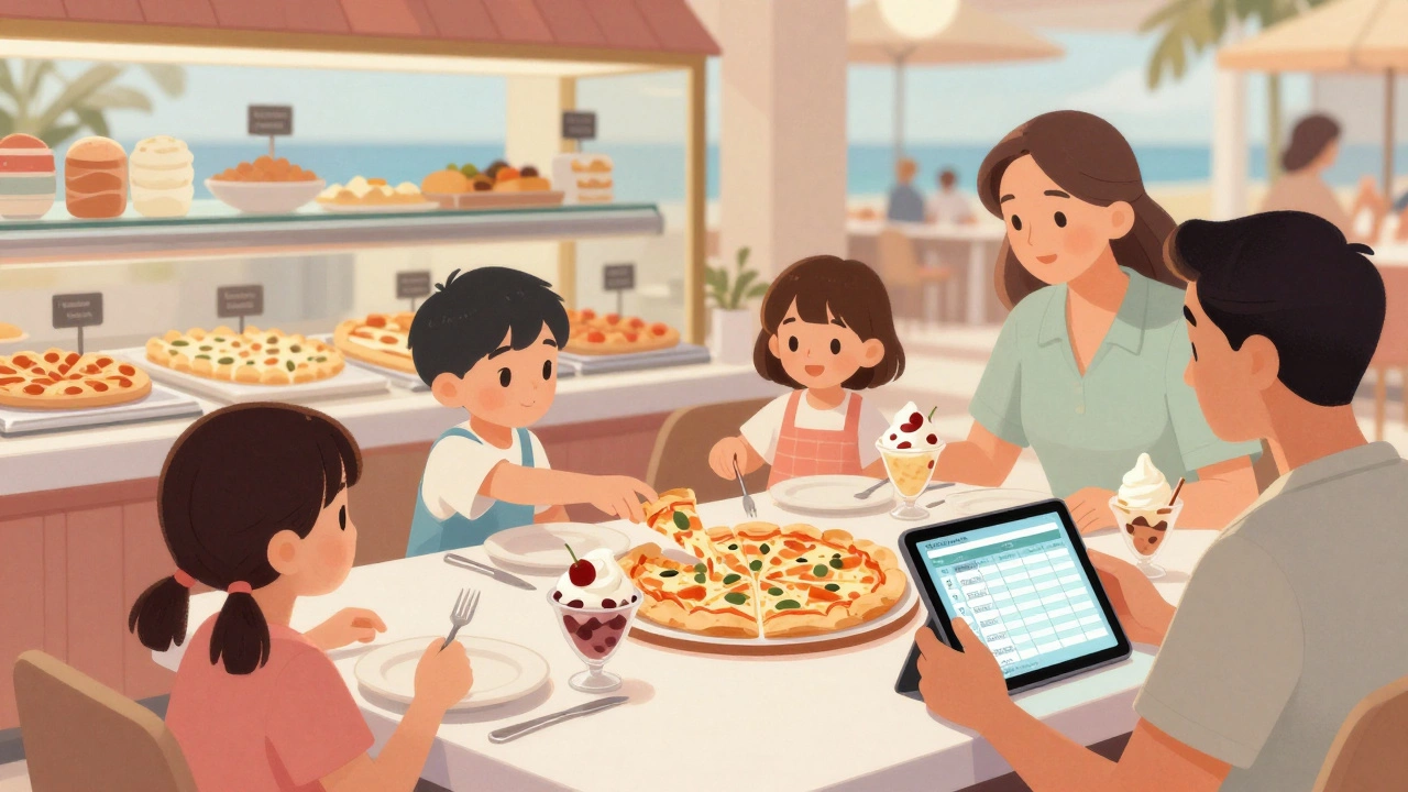 Family eating pizza and ice cream at a buffet, with hidden price tags visible.