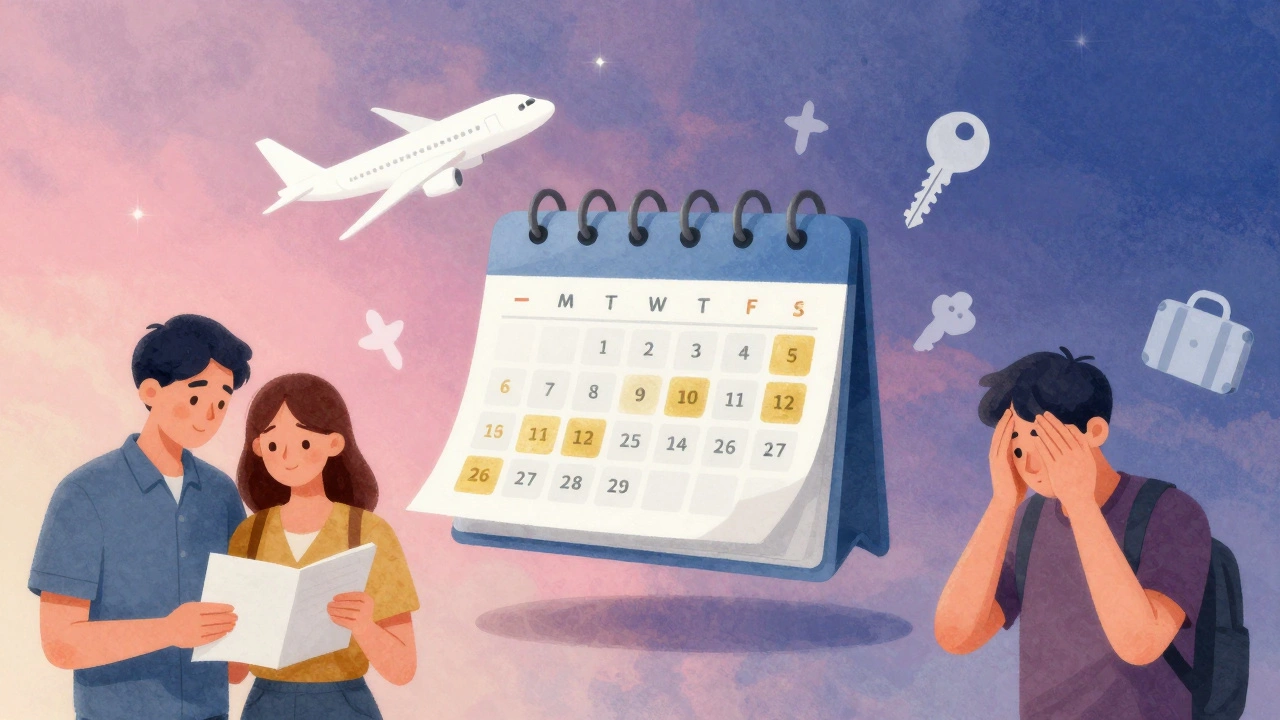 Illustration of calendar with travel icons representing booking timing