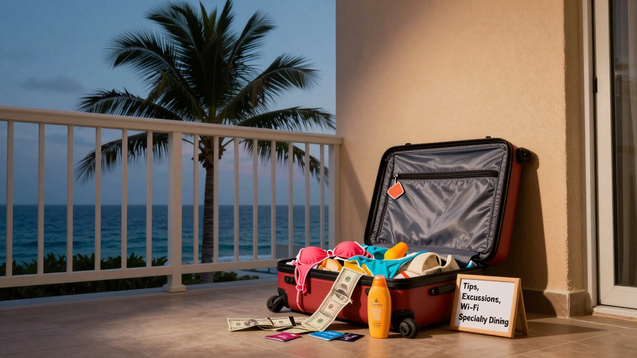 Open suitcase spilling cash and signs for extra fees on a resort balcony.