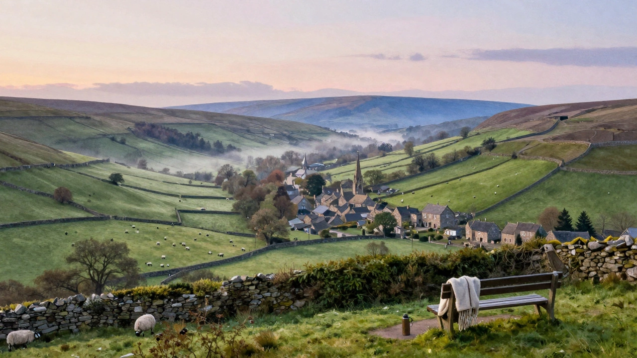 Rolling green hills of the Derbyshire Dales at dawn, with sheep grazing and a quiet bench by a stone village.