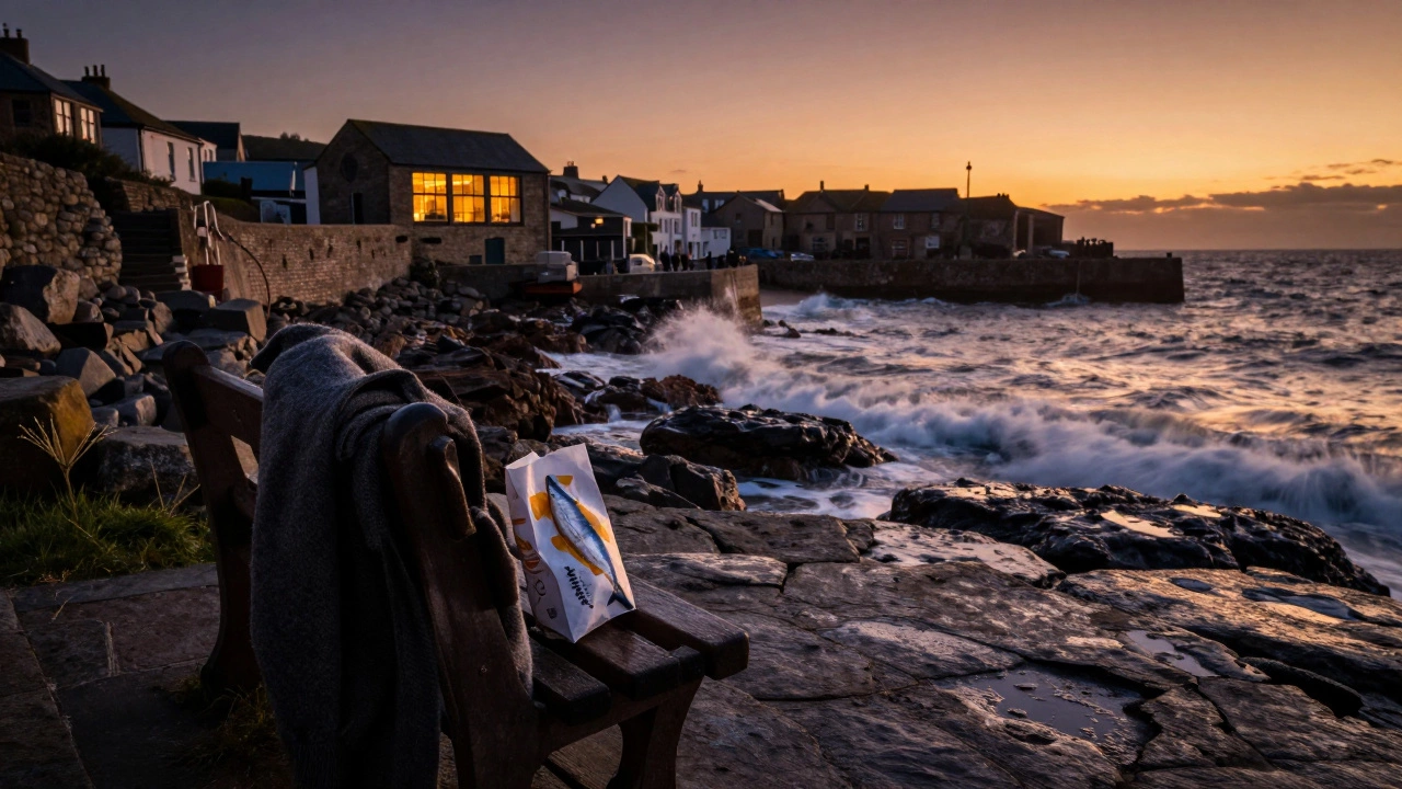 St Ives harbor at sunset, rocky coastline with fish and chips on a bench, Tate St Ives glowing in the distance.