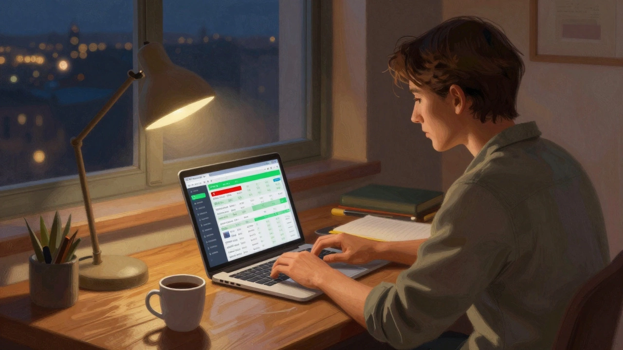 Traveler researching flights on laptop during evening planning session