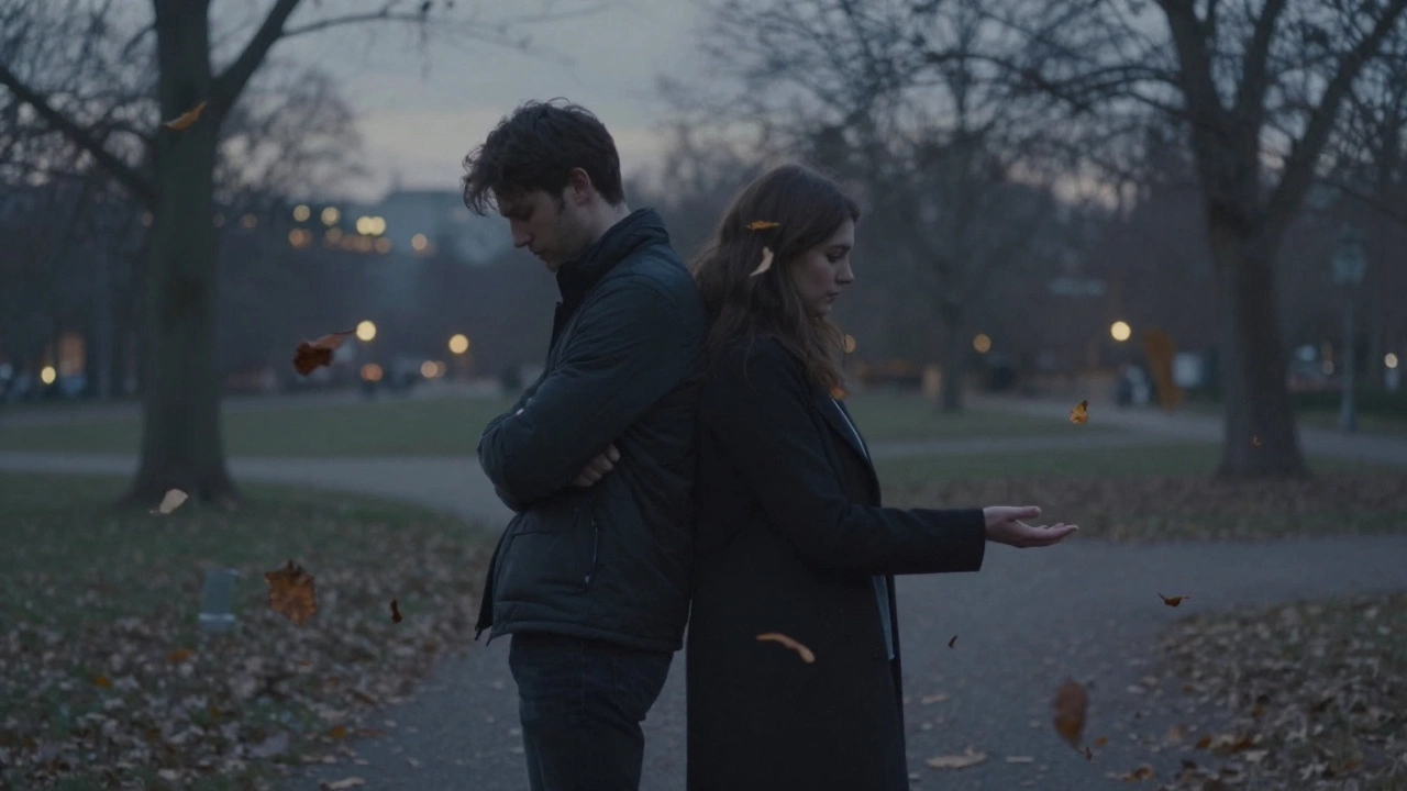Two figures in a park at twilight, one reaching out hesitantly, leaves swirling around them.