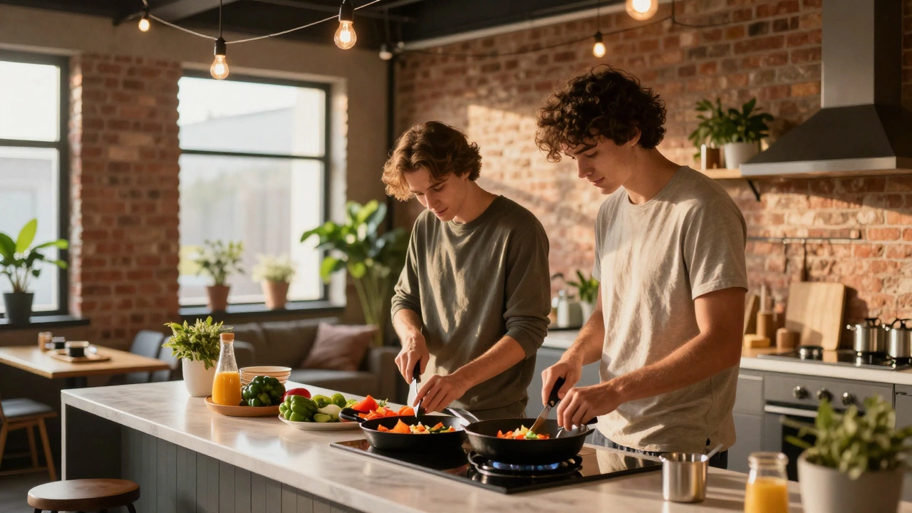 Two friends cooking dinner together in hostel kitchen.