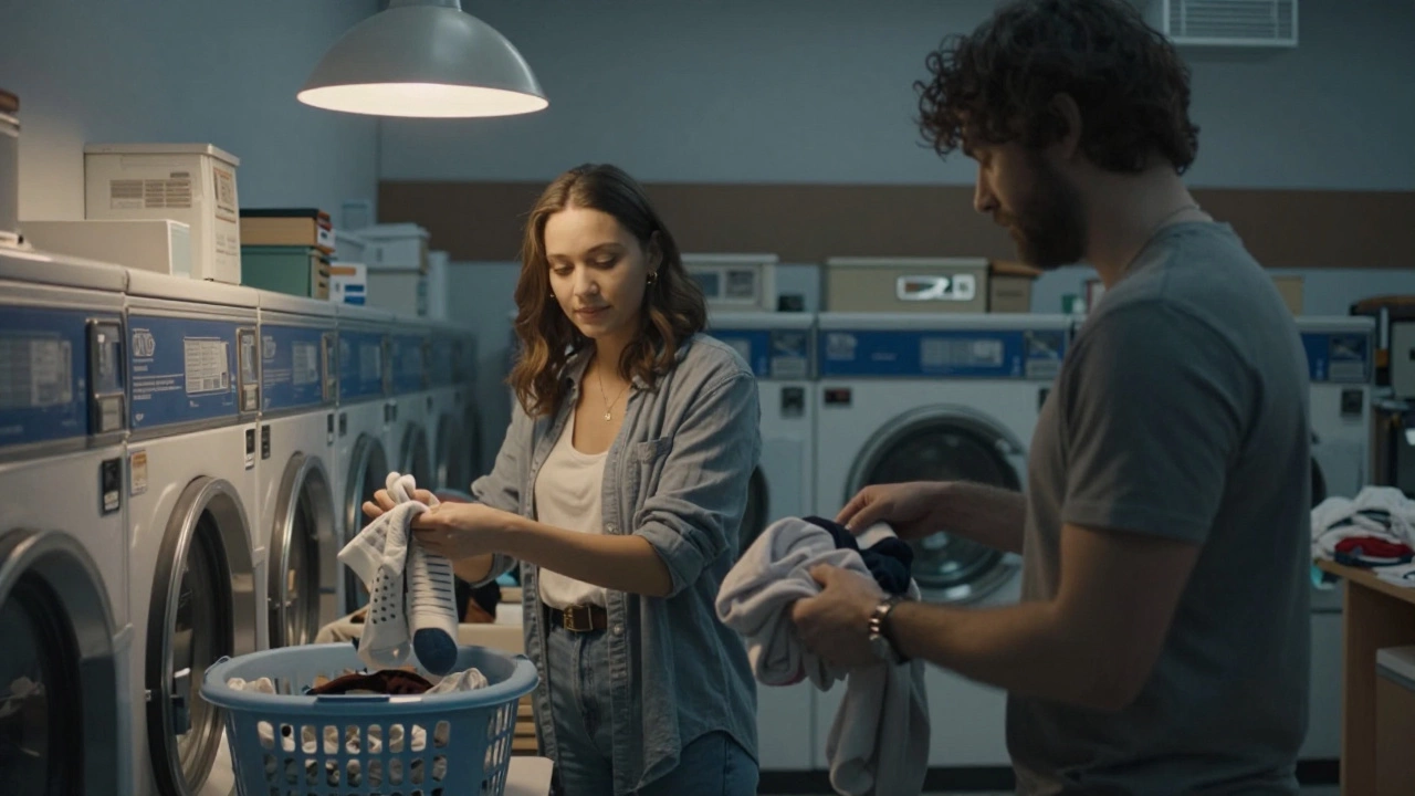 Two people folding laundry together in a neighborhood laundromat at dusk.