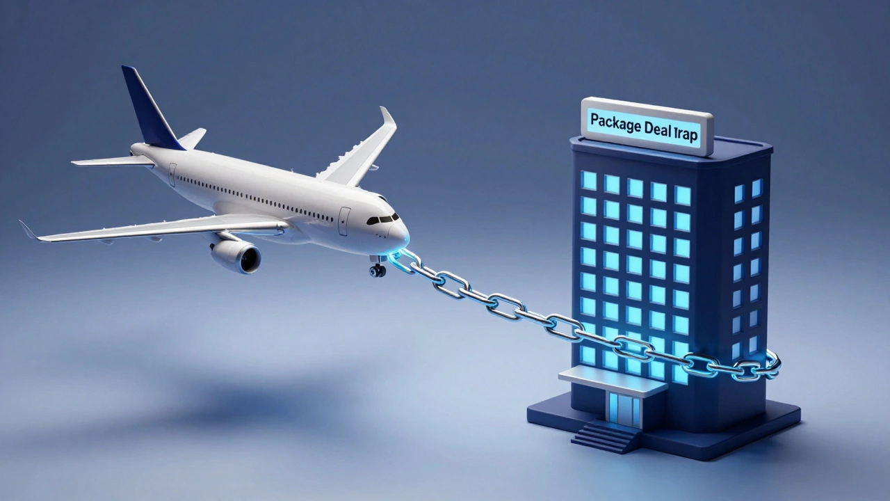 3D illustration of a miniature plane and hotel linked by a metallic chain