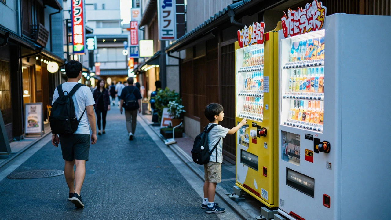 A child using a colorful vending machine on a clean Tokyo street at night.