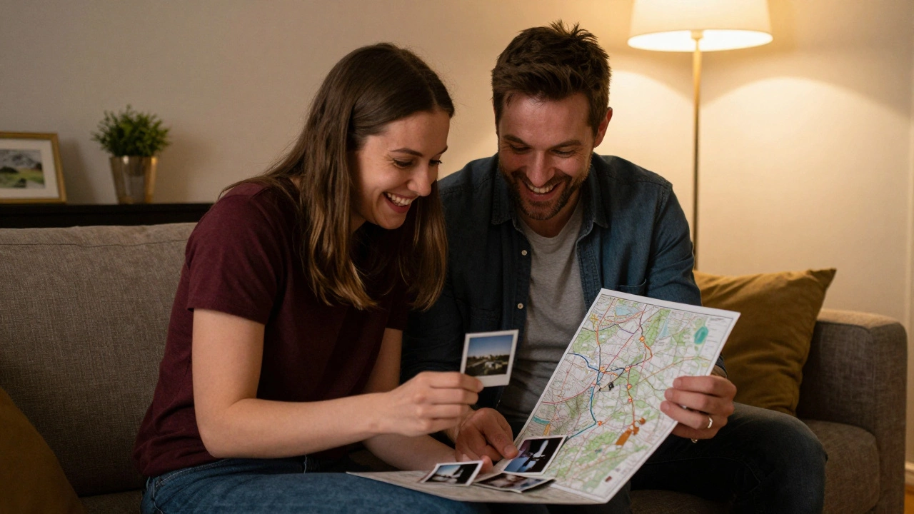 A couple sitting on a sofa sharing travel stories and photos from a solo trip.