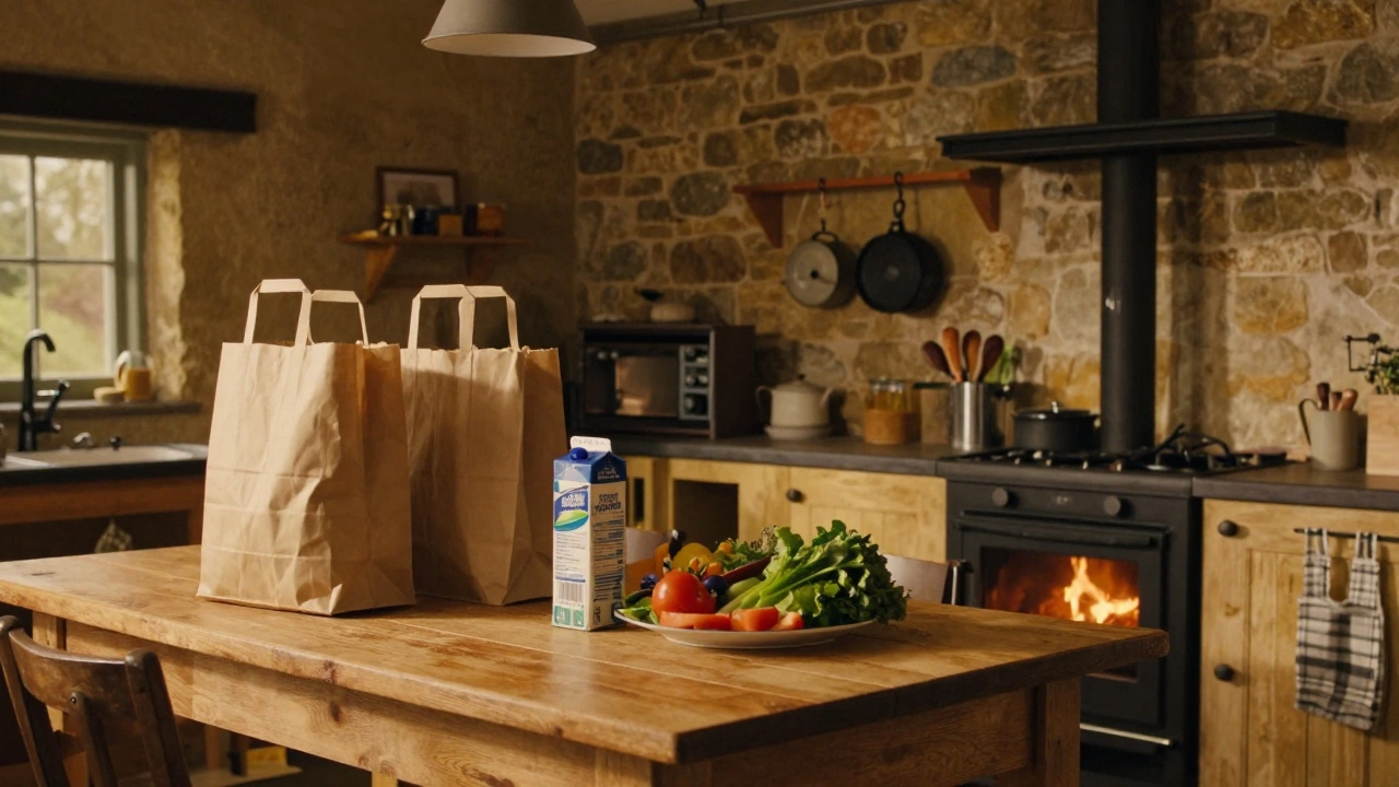 A cozy cottage kitchen with groceries on a wooden table.