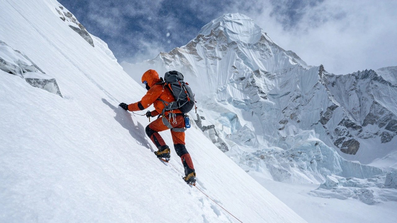 A mountaineer climbing a snowy, steep slope of Mount Everest in a storm.