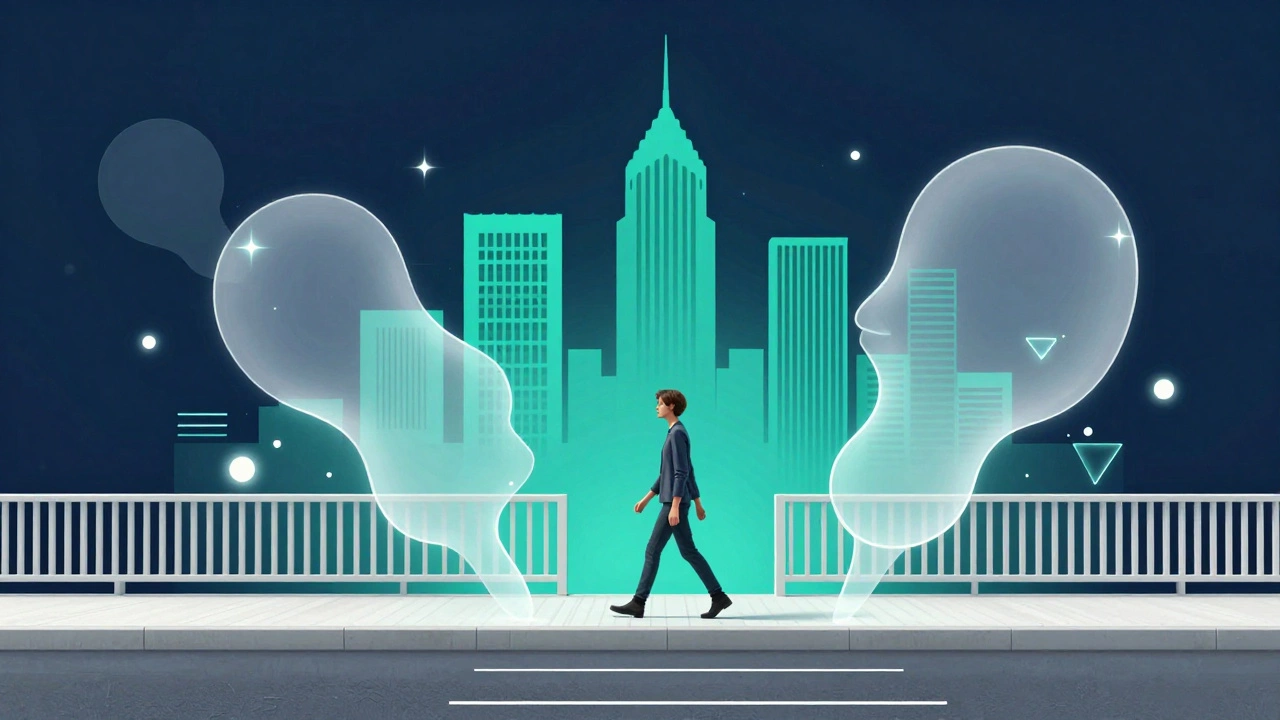 A person walking across a stylized Berlin bridge with abstract symbols of growth.