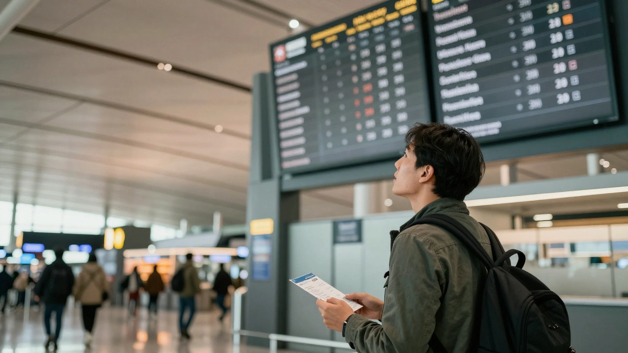 A traveler holding a boarding pass in a busy airport terminal