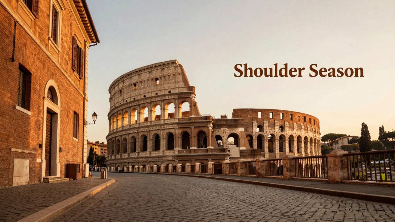Quiet Roman street with the Colosseum in the golden light of the autumn shoulder season