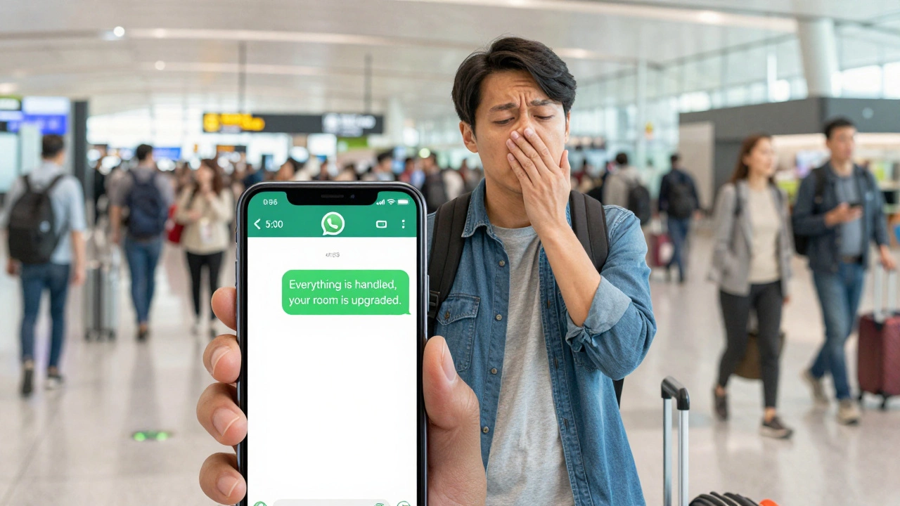 Relieved traveler at a busy airport looking at a confirmation message from an agent