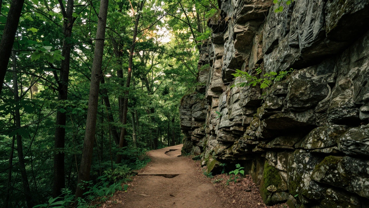 Scenic hiking trail through the lush green forests and cliffs of the Ozark Mountains