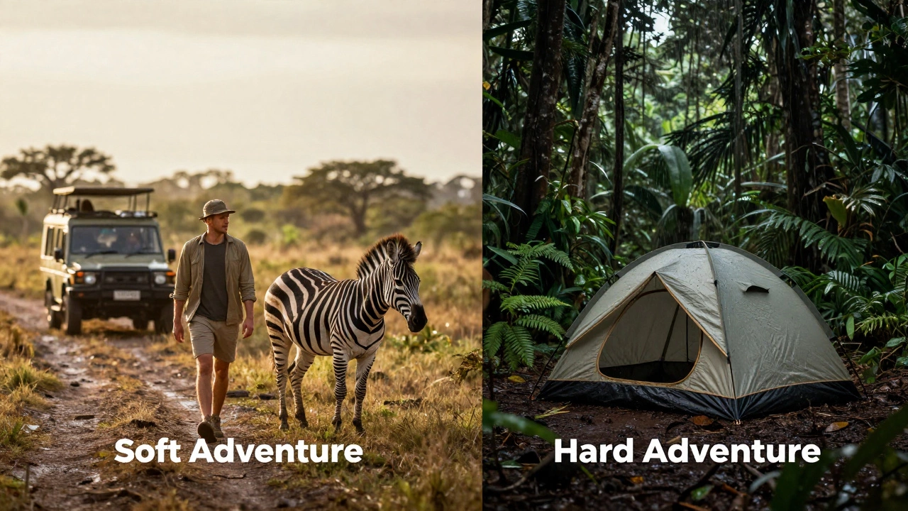 Split image comparing a sunny African safari with a rainy jungle camp.