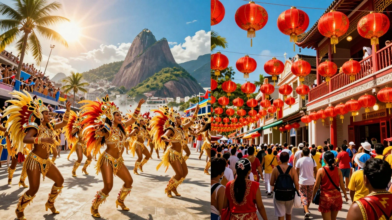 Split scene showing the vibrant energy of Rio Carnival and the red lanterns of Lunar New Year