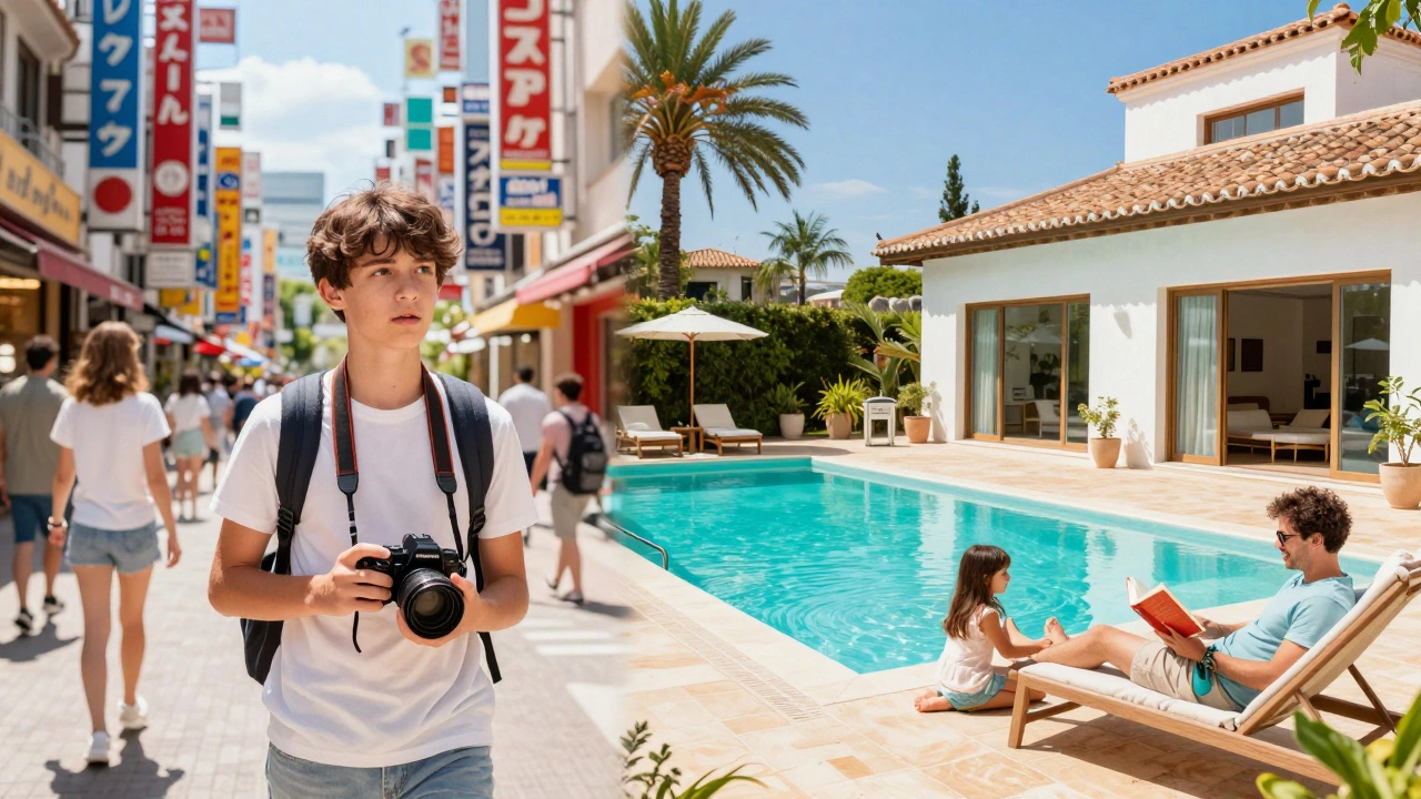 Split view of a family exploring Tokyo and a family relaxing at a Spanish villa.