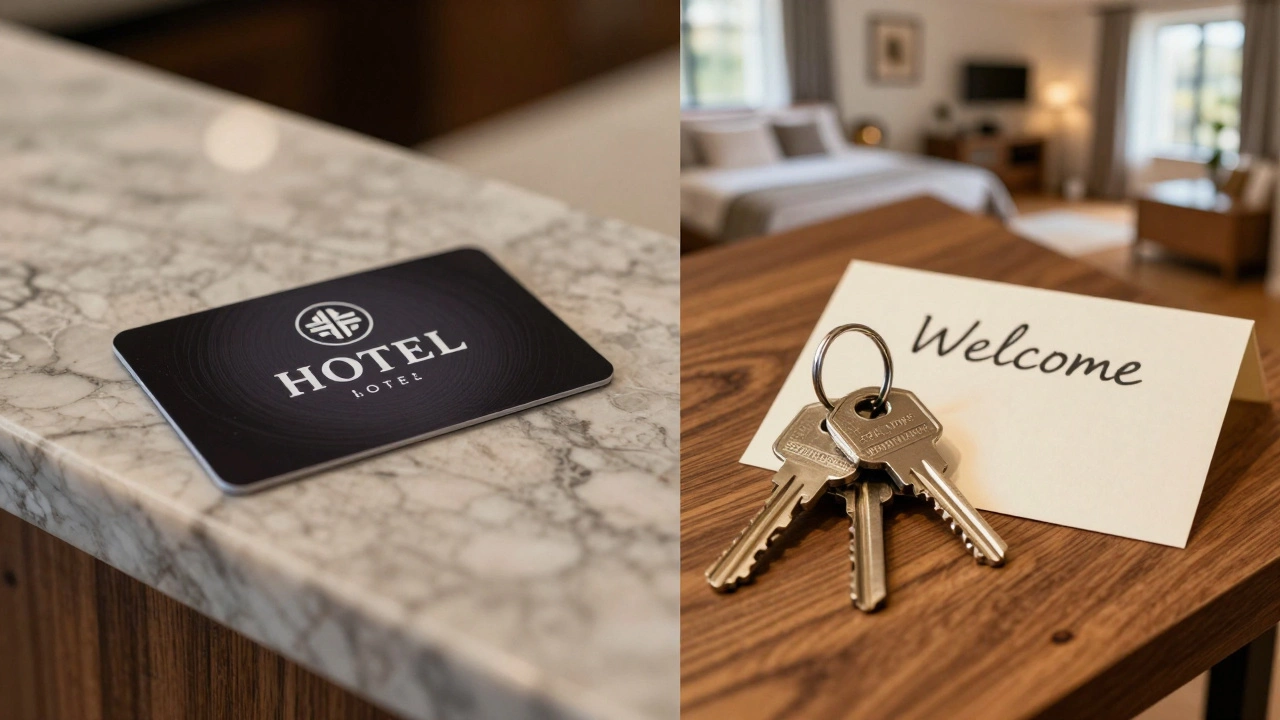Split view of a hotel key card and a set of house keys for a rental.