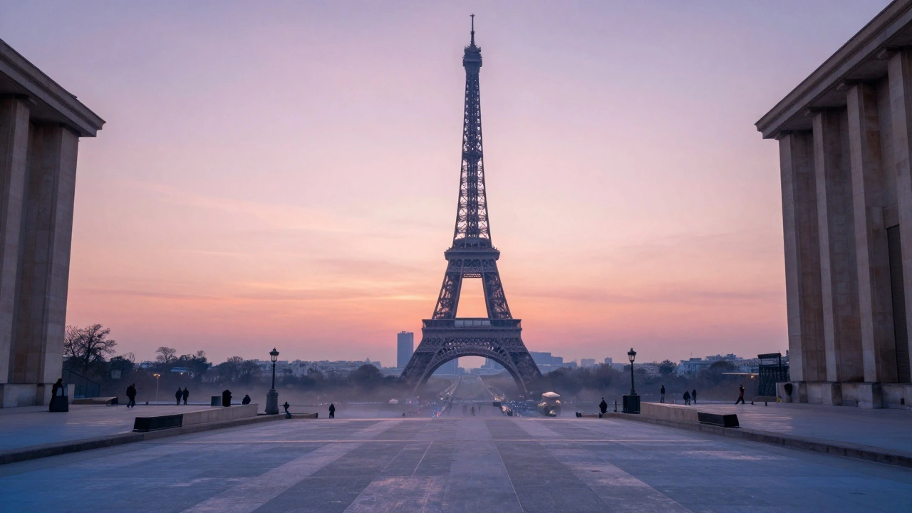 The Eiffel Tower viewed from Trocadéro during a colorful pastel sunrise.