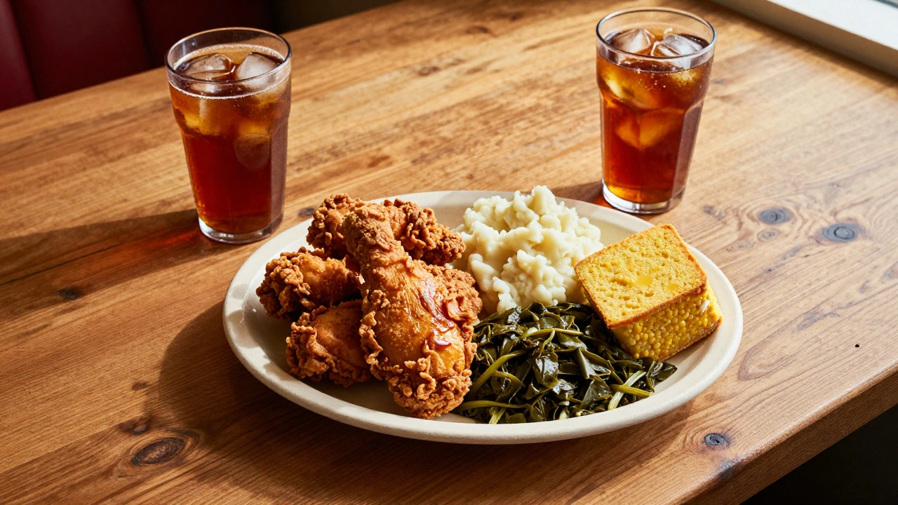 Traditional Southern meat-and-three meal platter on a rustic wooden diner table
