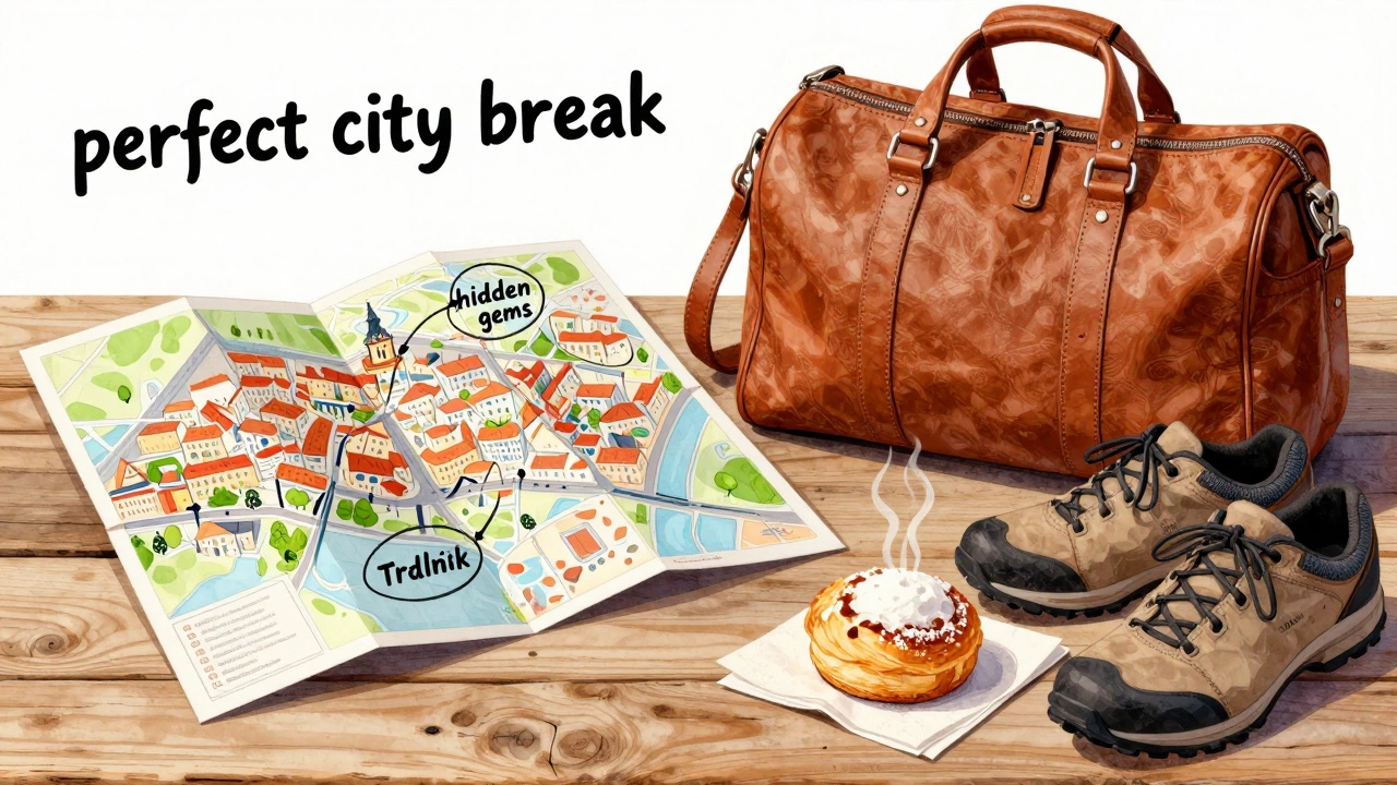 Travel essentials including a weekend bag, city map, and a cinnamon pastry on a wooden table.