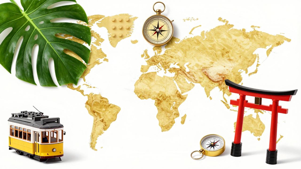 Travel symbols including a yellow tram and LEGO brick arranged on a map.