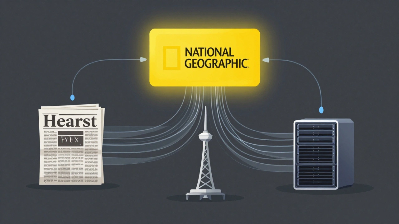 Abstract visualization of corporate partnerships connecting media giants to the National Geographic brand