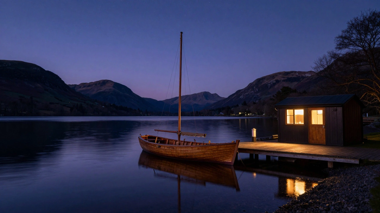 Boat on lake with stars reflecting in Lake District