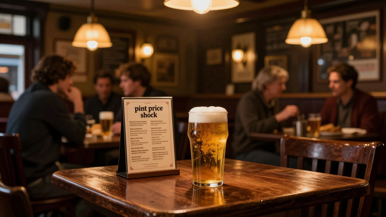 Close-up of a pint of beer and menu in a dimly lit, expensive British pub