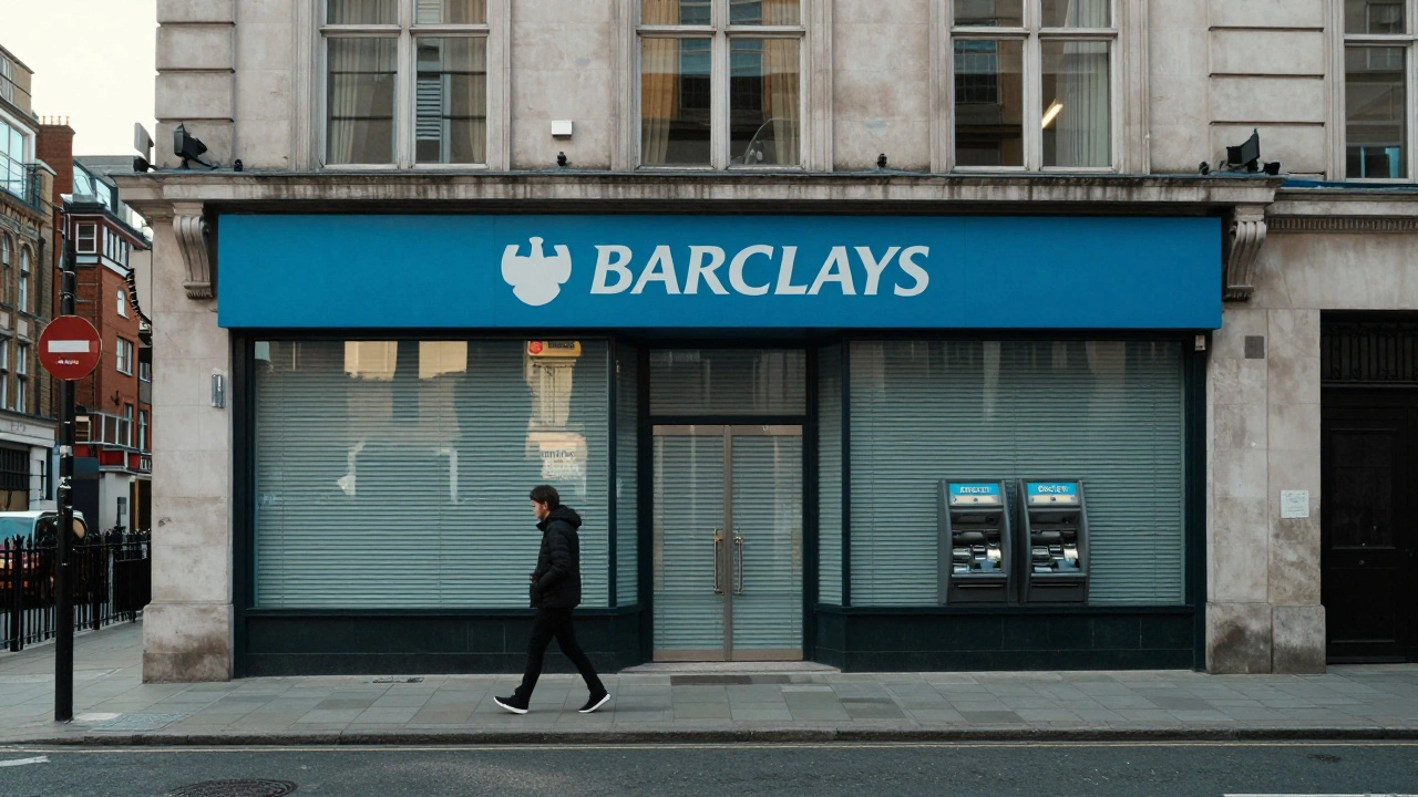 Closed bank branch exterior on a quiet Sunday morning in London
