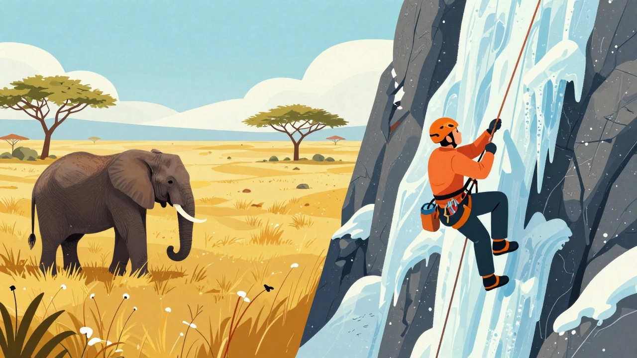 Contrast between Kenyan safari and Himalayan climbing